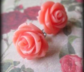 Coral rose post earrings.Rose posts.Rose jewelry.Coral.