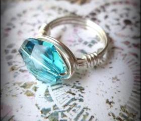 Turquoise blue crystal ring.Wire~wrapped.Made to order.