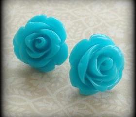 Turquoise blue rose post earrings.